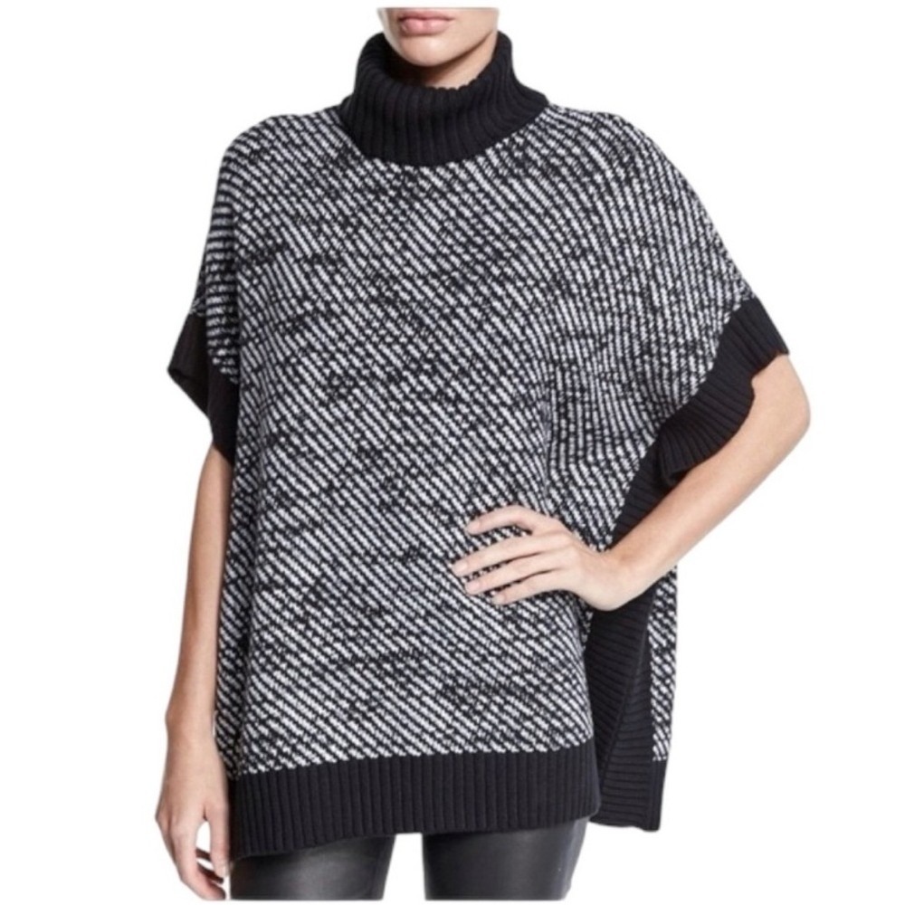 Michael Kors Poncho Sweater Womens 1X Black White Space Dye Turtleneck Knit